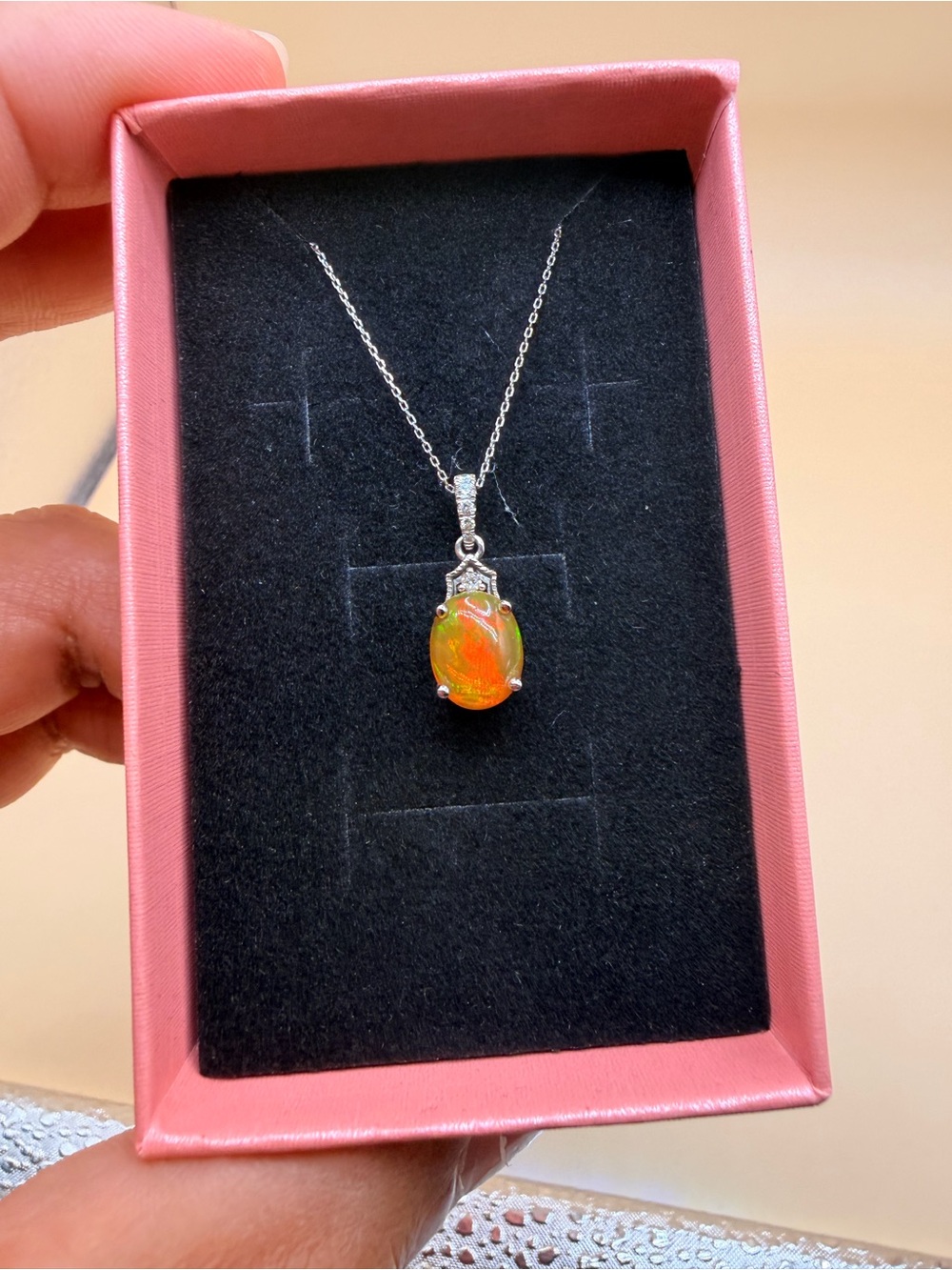 10k White Gold Fire Opal & Diamond Pendant 16.5 To 18.5 inches chain